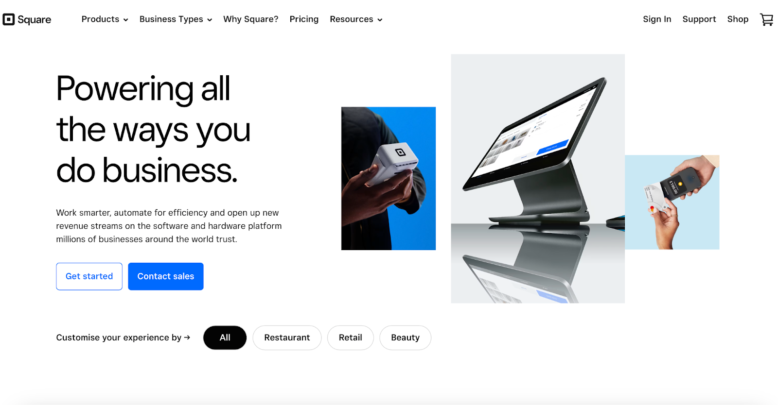 Square homepage on website for scheduling appointments.