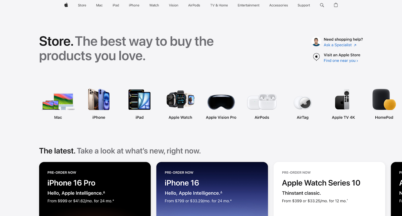 A screenshot highlighting Apple's website UI