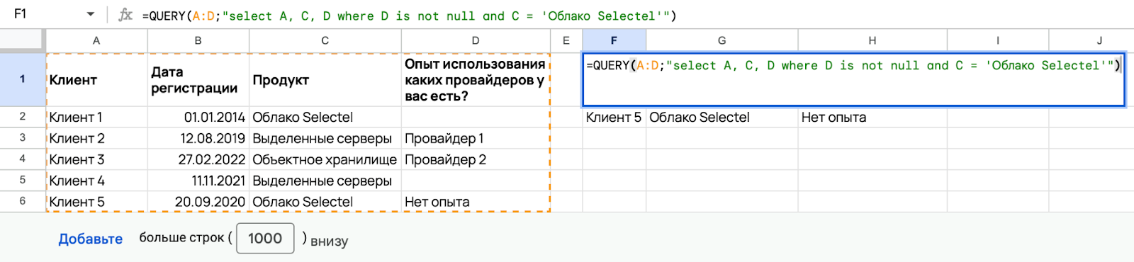 Применили формулу =QUERY(A:D;"select A, C, D where D is not null and C = ‘Облако Selectel’”).