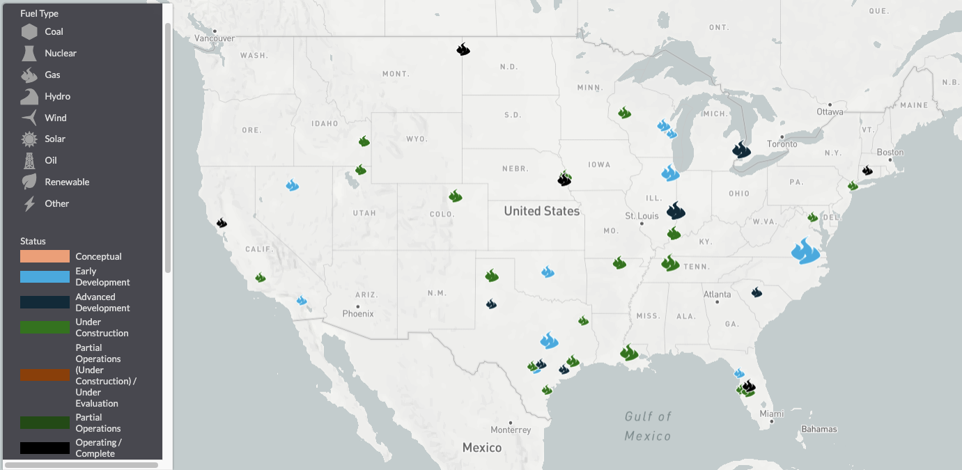 Infrastructure Insights showing gas-fired plants that began operating in 2025 or are in progress with 2025 reported in-service dates.